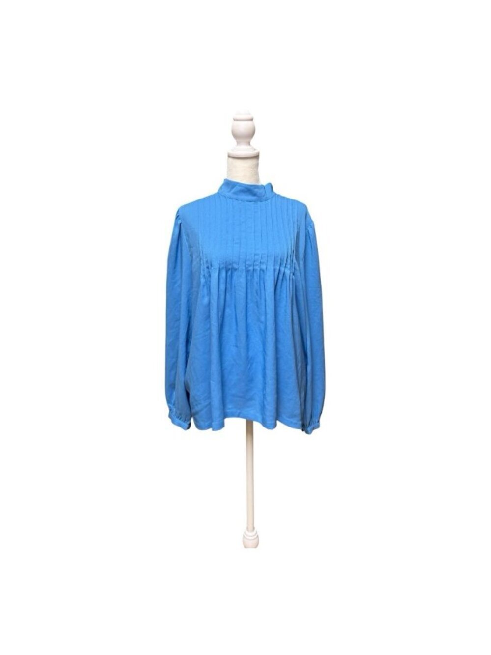 Ann Taylor Blue Mock Neck Pintuck Blouse Balloon Sleeve Top Large